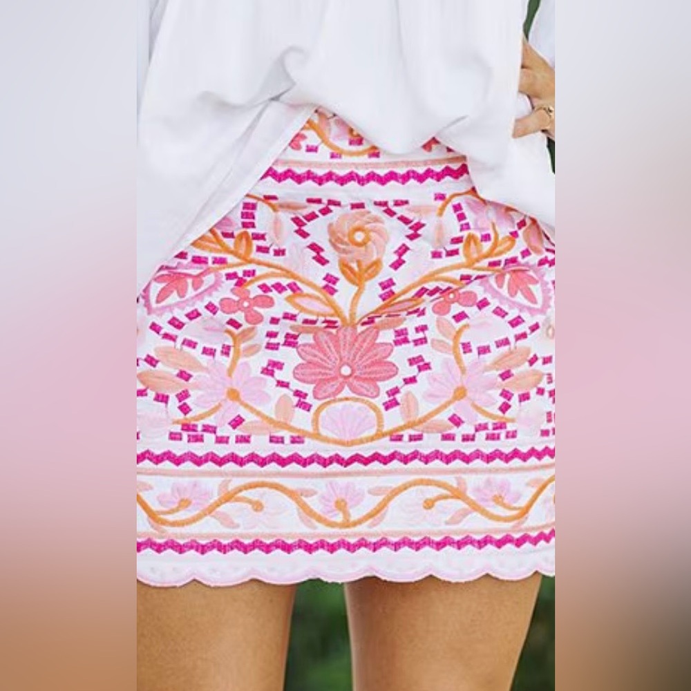 NWT J Marie Skirt Large Pink Embroidered Scalloped Hem 100% Cotton Mini Skirt